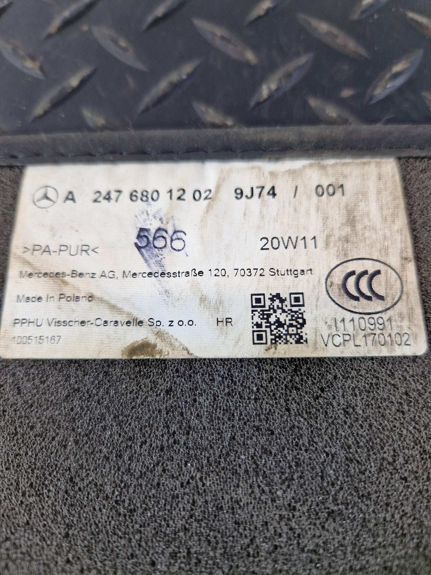 Mercedes-Benz B200d B-Class W247 Rear Floor Mat Carpet A2476801202