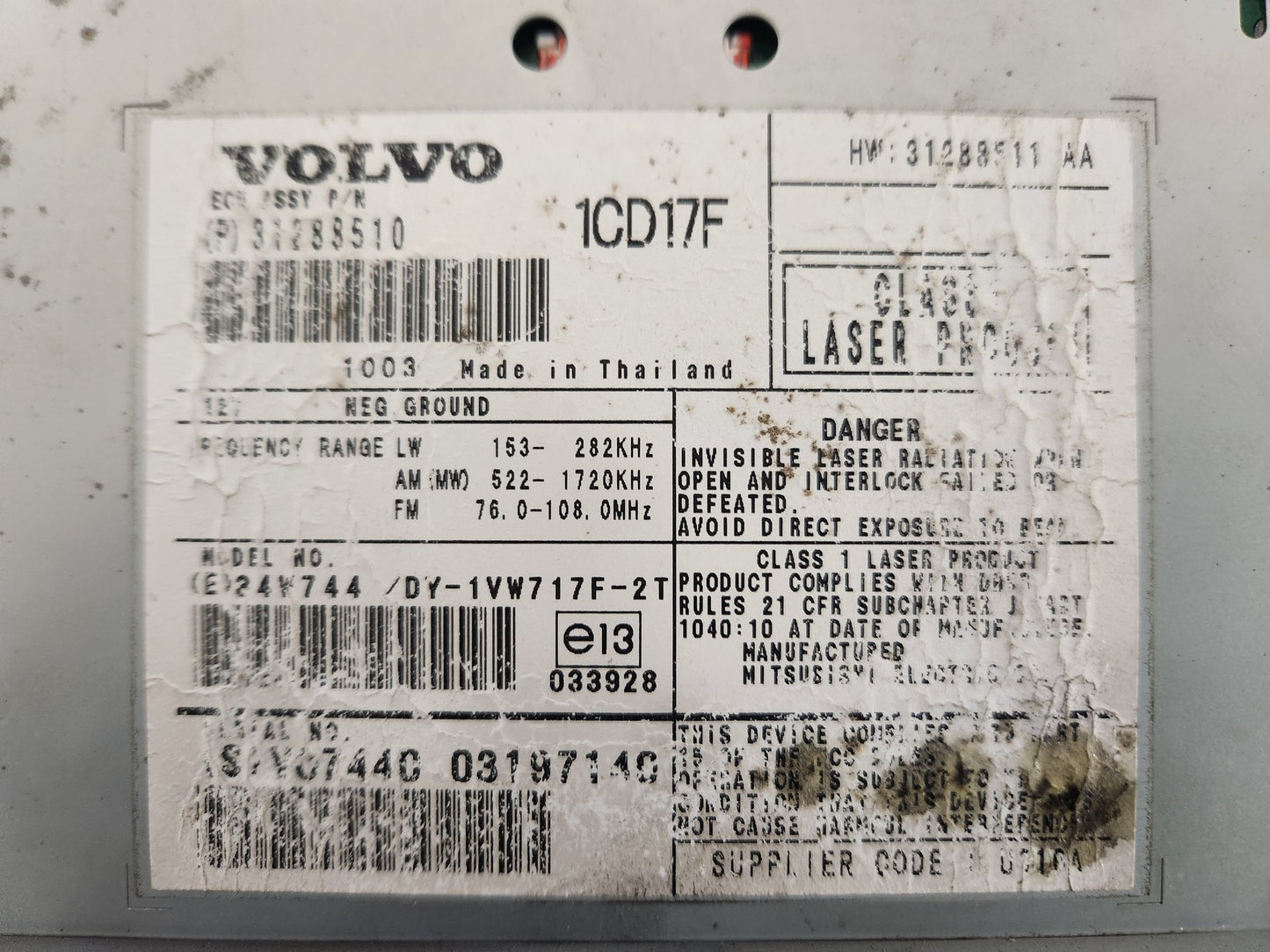 Volvo V50 MK2 FL (MW) Genuine Radio Stereo Head Unit 31288510