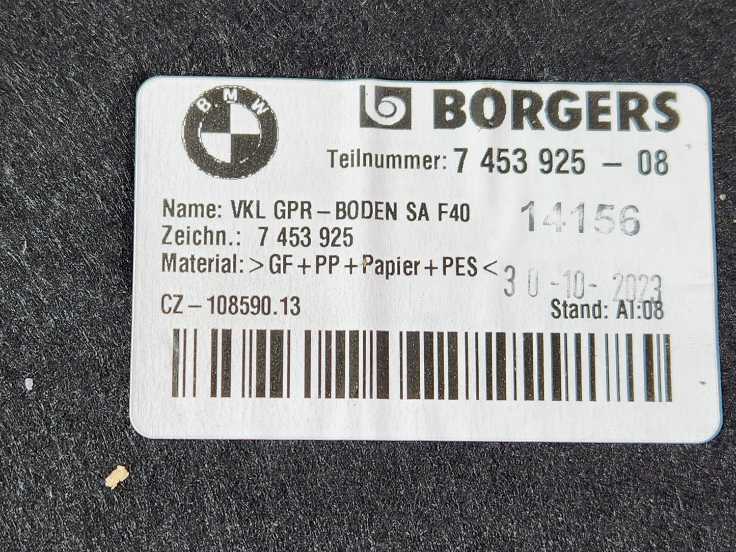 BMW 118i F40 Hatchback Genuine Boot Floor Carpet Liner 7453925