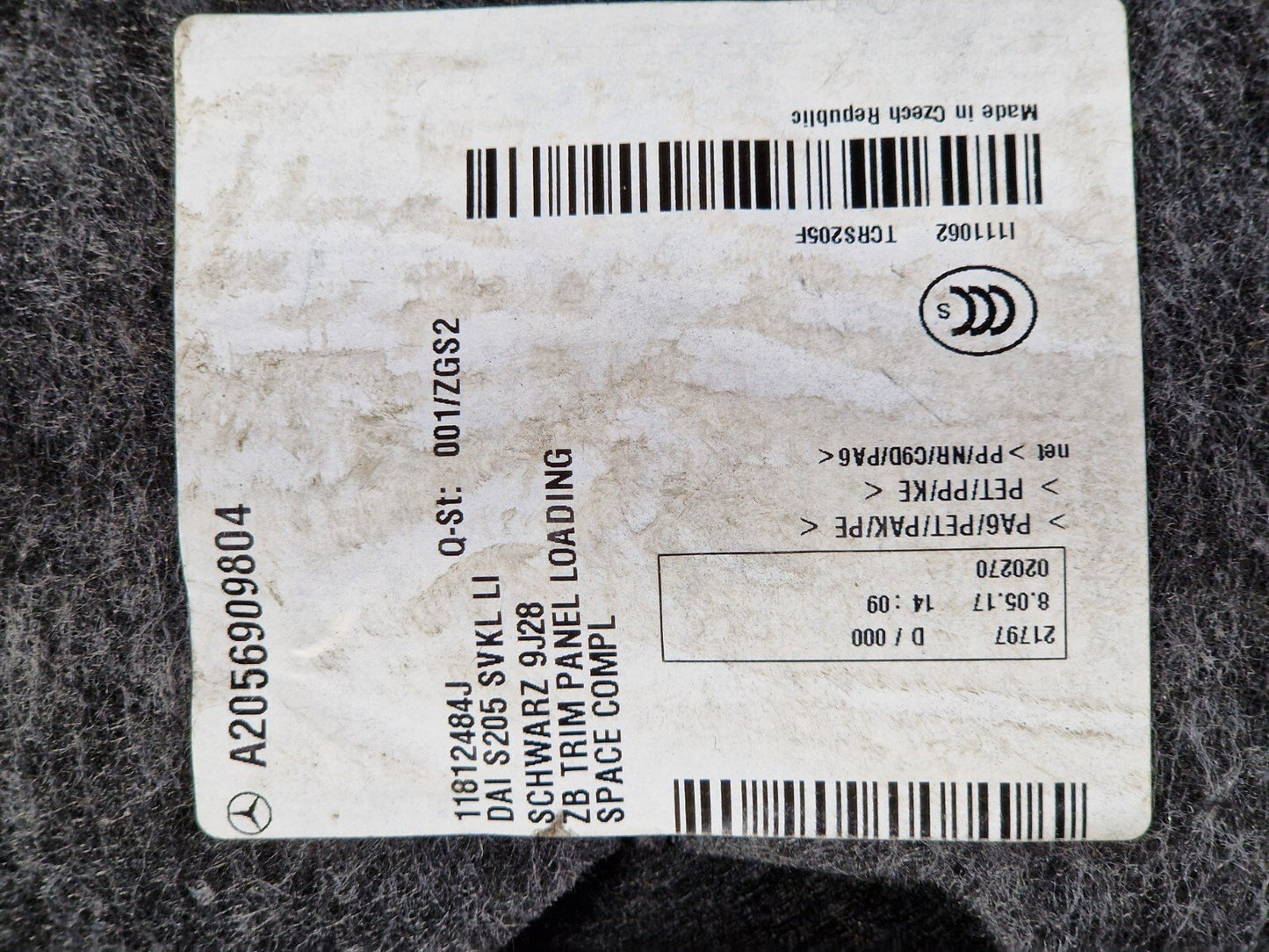 14-21 MERCEDES BENZ C300h W205 BOOT SIDE TRIM PANEL REAR LEFT A2056909804