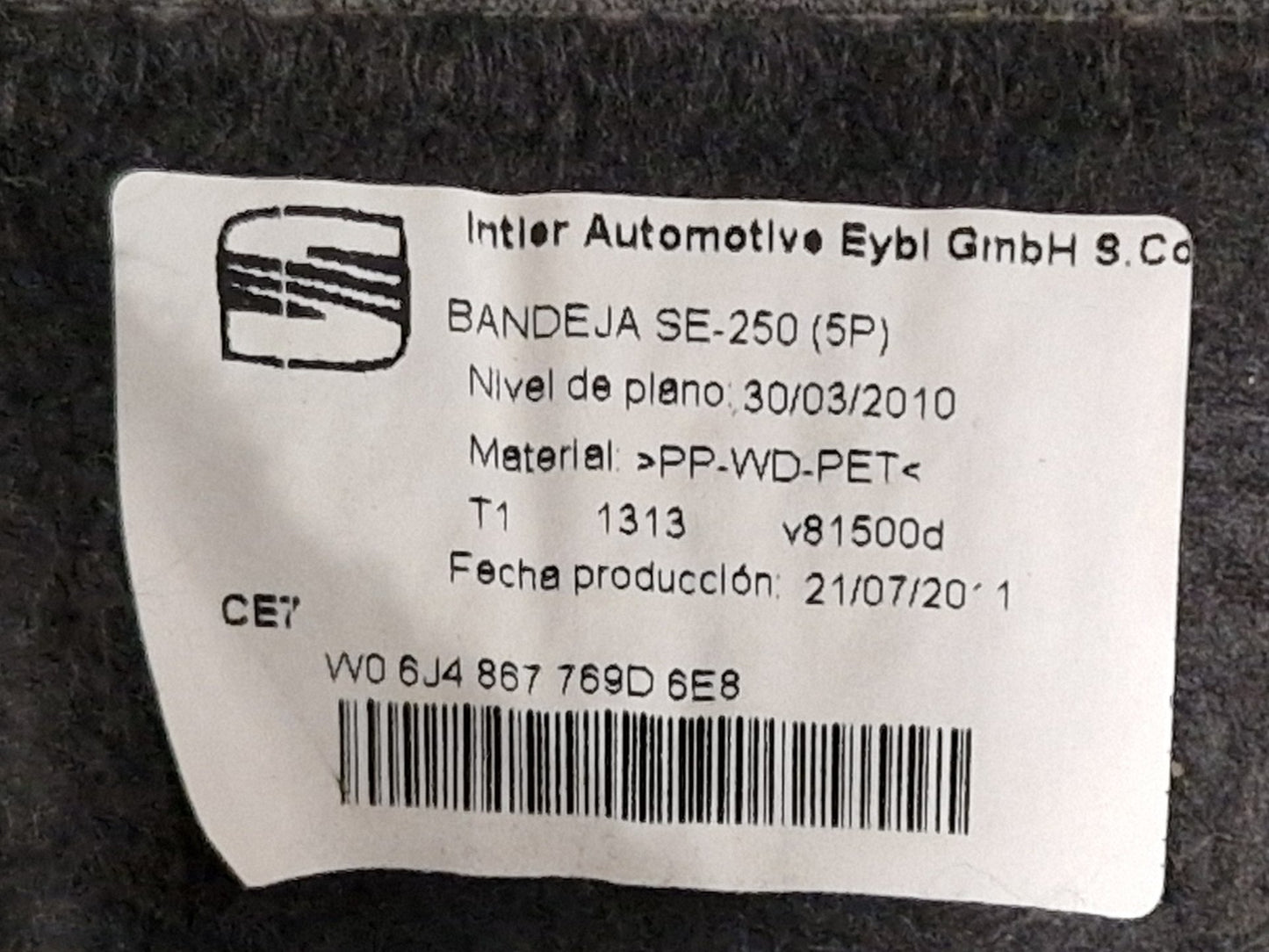 Seat Ibiza MK4 FL 6J Hatchback Genuine Rear Luggage Load Parcel Shelf 6J4867769D