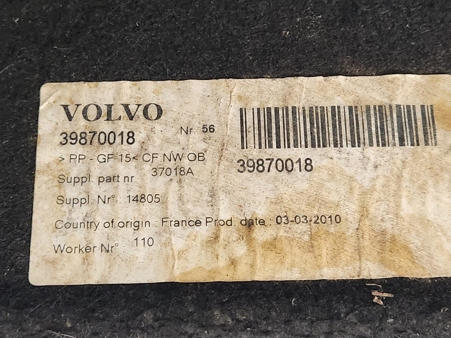 Volvo V50 MK2 FL (MW) Estate Genuine Boot Liner Carpet Trunk Cover 39870018
