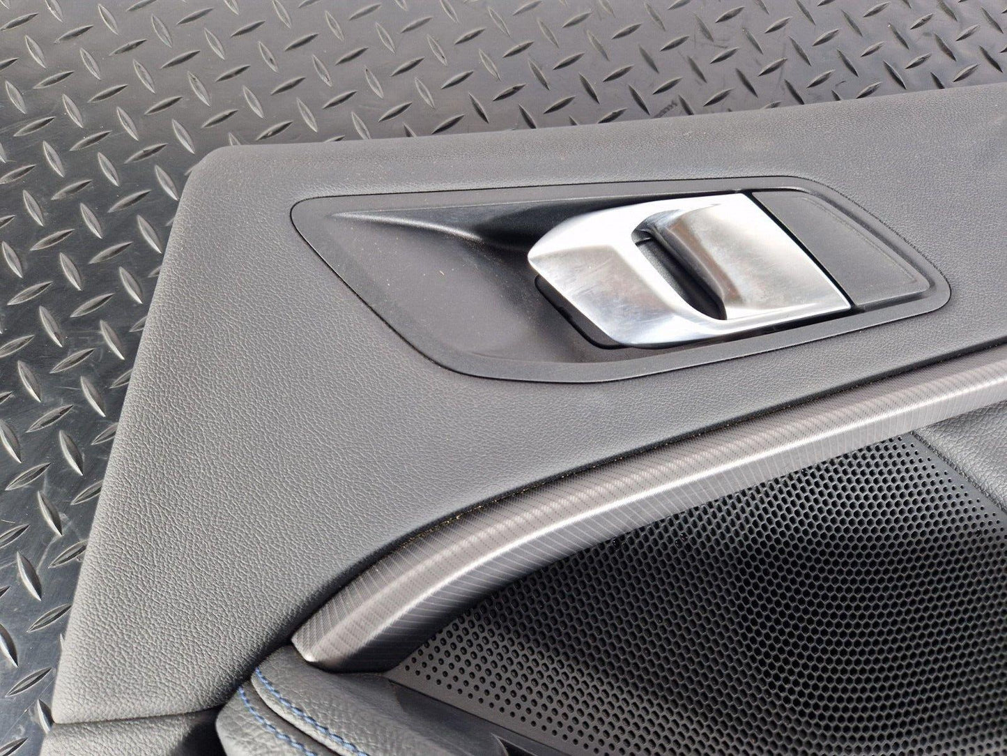 20-ON BMW 2 SERIES M-SPORT F44 REAR O/S LEATHER DOOR CARD PANEL BLUE STITCHING