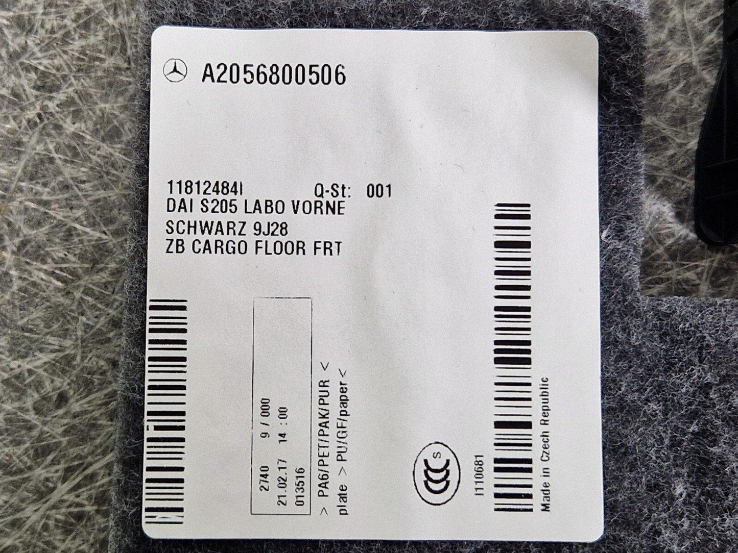 14-21 MERCEDES BENZ C200d W205 FLOOR PANEL MAT LINER CARPET A2056800506