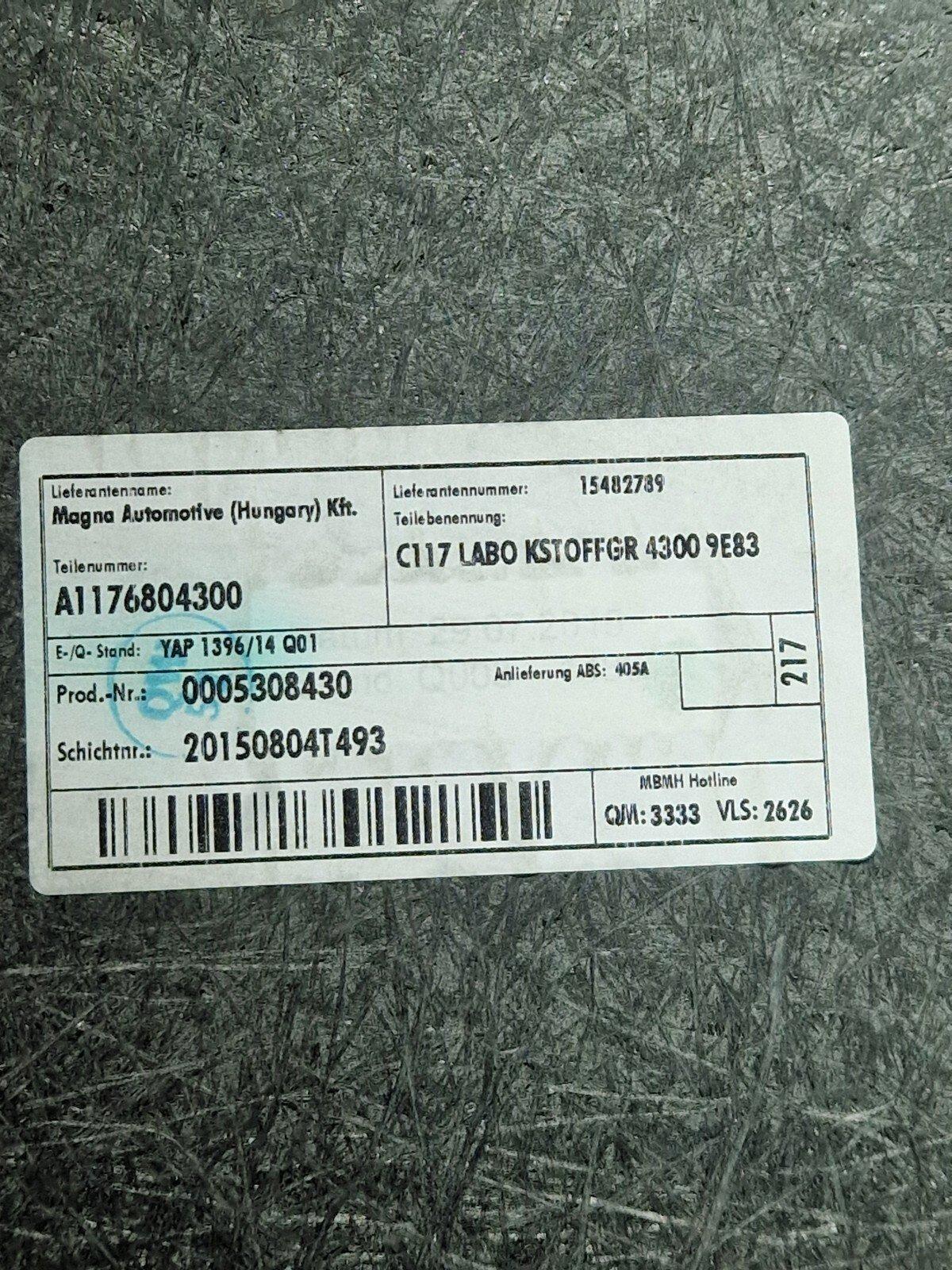 13-19 MERCEDES BENZ CLA C117 BOOT FLOOR MAT CARPET LINER A1176804300