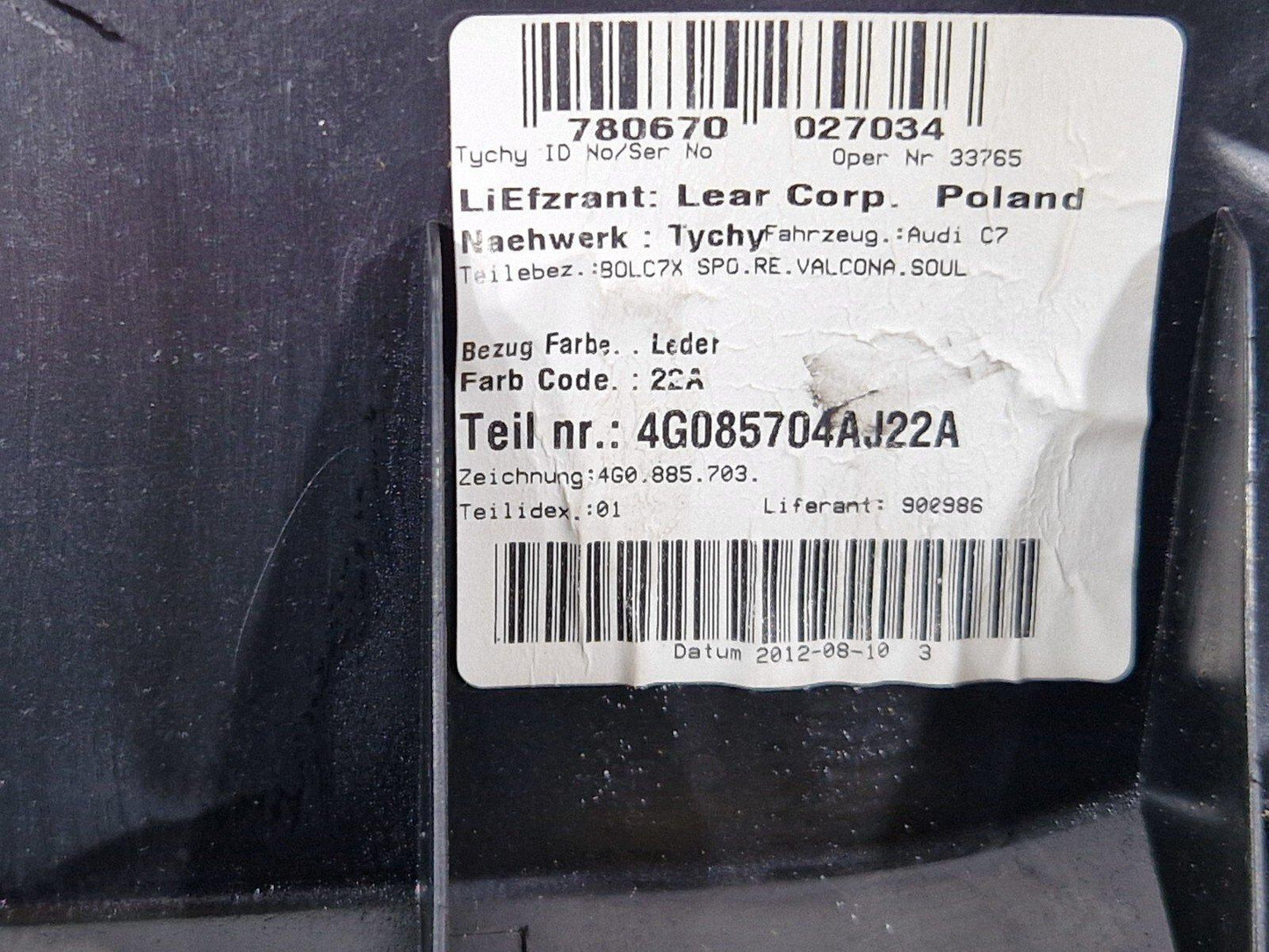 10-18 AUDI A7 4G S-LINE OEM REAR SEAT BOLSTER DRIVER SIDE RIGHT 4G085704A