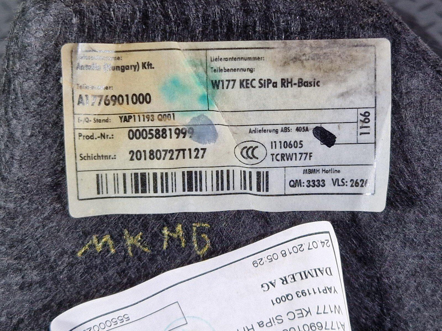 18-ON MERCEDES A CLASS W177 REAR RIGHT BOOT SIDE MAT LINER CARPET A1776901000
