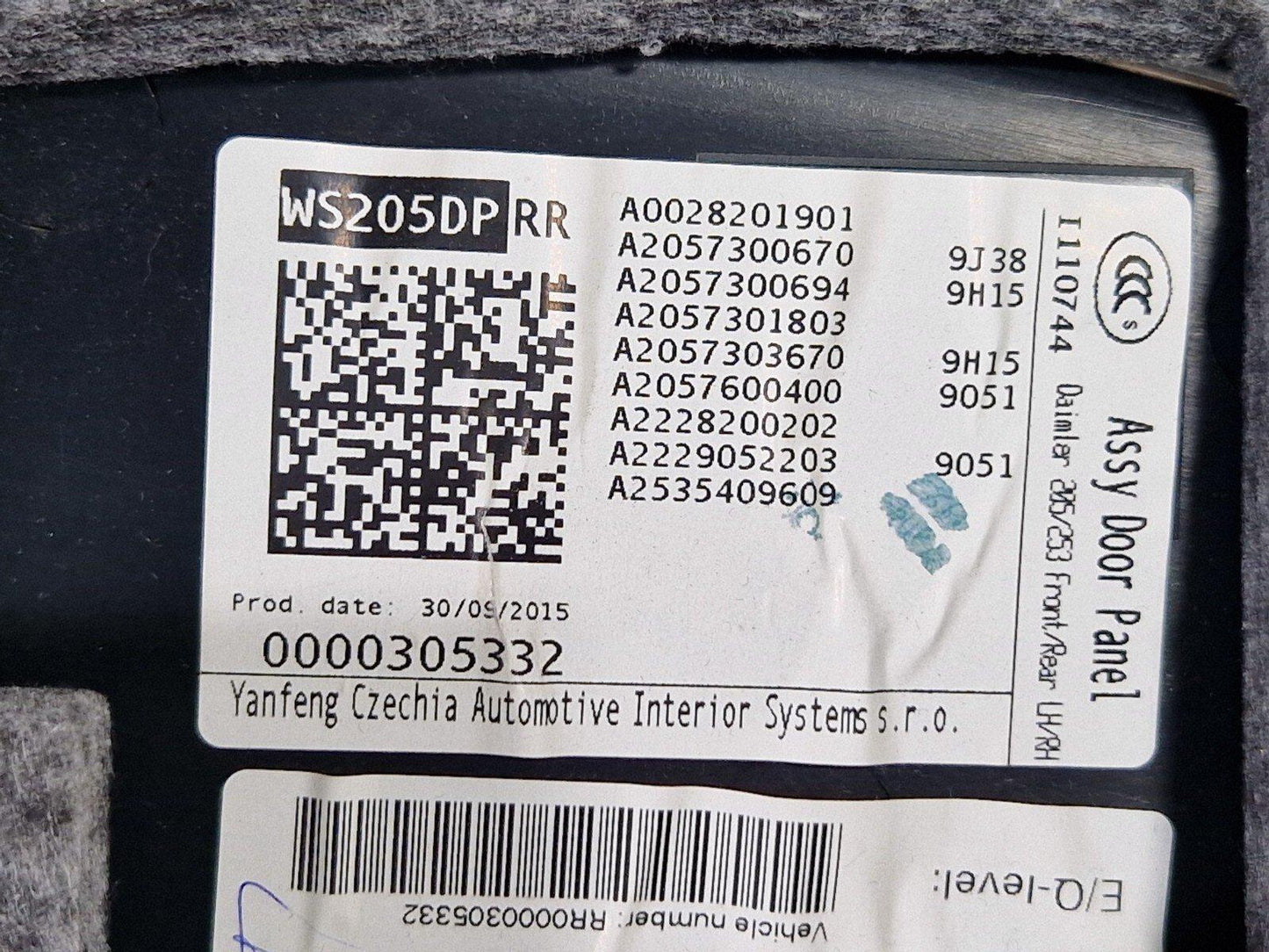 14-21 MERCEDES BENZ C300h W205 REAR DRIVER SIDE DOOR CARD PANEL A2057300694