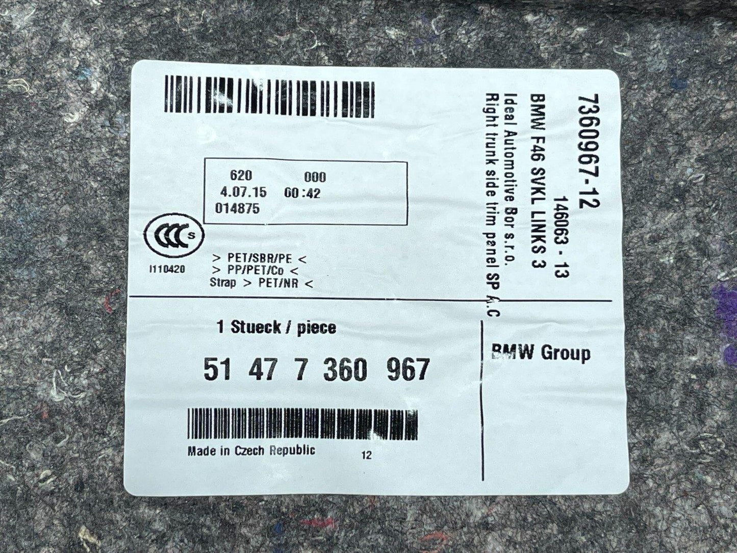 14-21 BMW 2 SERIES GRAN TOURER F46 LEFT SIDE BOOT TRIM PANEL COVER 7360967