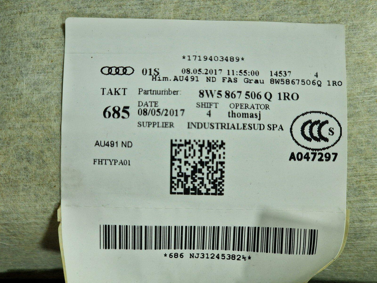 16-19 AUDI A4 B9 GENUINE OEM HEAD ROOF LINER IN GREY 8W5867506Q