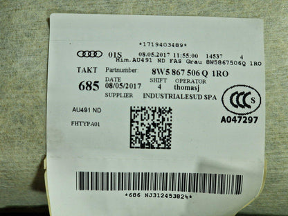 16-19 AUDI A4 B9 GENUINE OEM HEAD ROOF LINER IN GREY 8W5867506Q