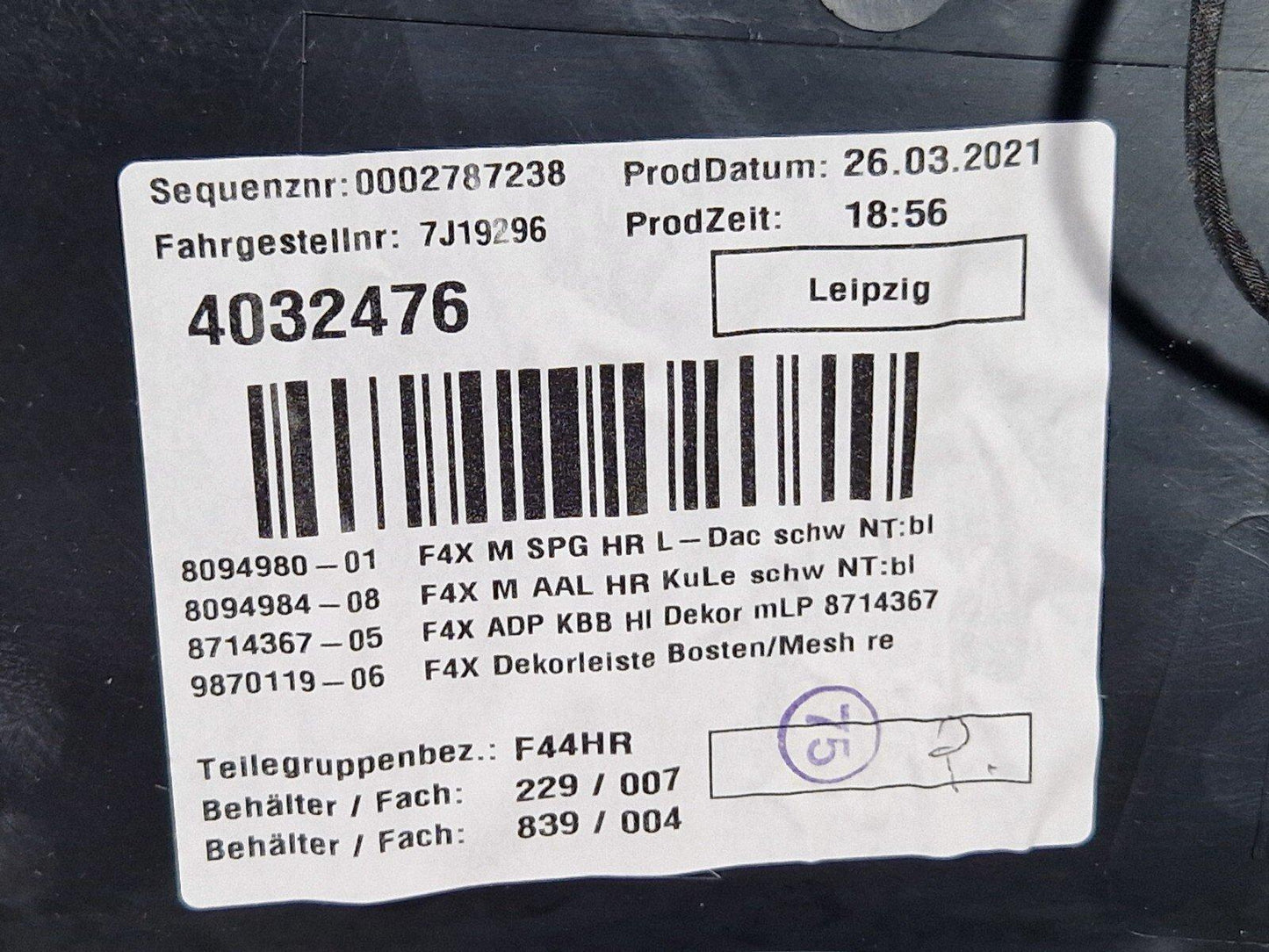 20-ON BMW 2 SERIES M-SPORT F44 REAR O/S LEATHER DOOR CARD PANEL BLUE STITCHING