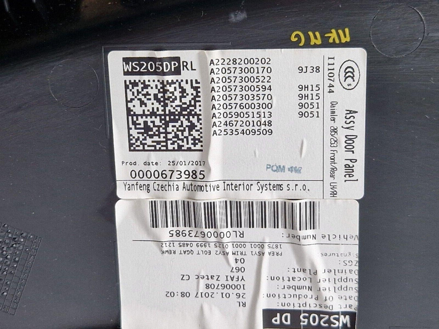 14-21 MERCEDES BENZ C220d W205 REAR LEFT SIDE DOOR CARD PANEL A2057300594