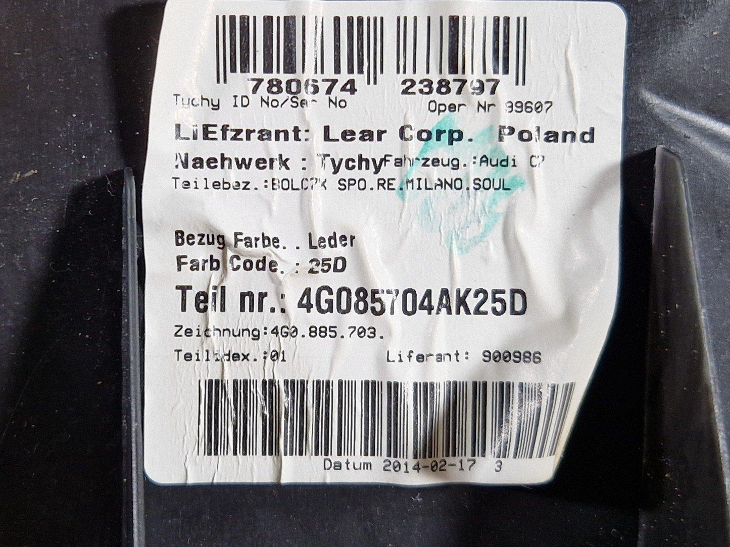 12-18 AUDI A6 C7 OEM  O/S/R REAR RIGHT SIDE SEAT BOLSTER BLACK 4G085704A