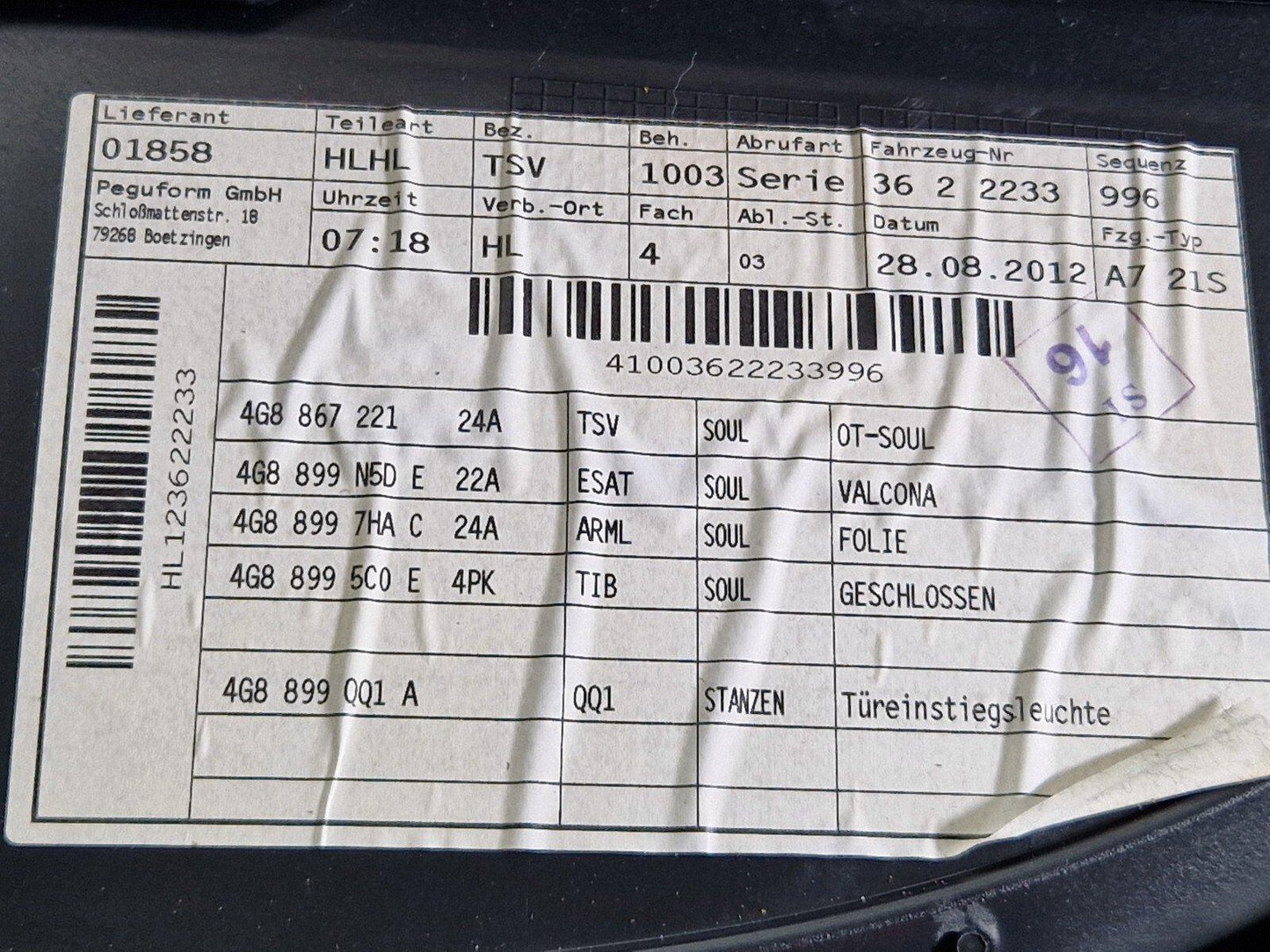 10-18 AUDI A7 4G S-LINE RHD REAR LEFT /PASSENGER NSR LEATHER DOOR CARD 4G8867305
