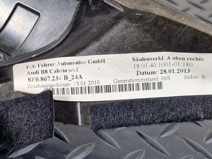 12-17 AUDI S5 CONVERTIBLE DRIVERS A PILLAR TRIM BLACK RIGHT 8F0867234B