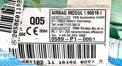 14-21 MERCEDES BENZ C300h W205 RIGHT SIDE ROOF CURTAIN SAFETY BAG A2058601102