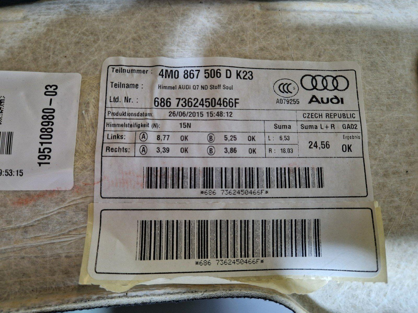 16-20 AUDI Q7 4M GENUINE ROOFLINER HEADLINER IN BLACK 371528341024A9 4M0867506D