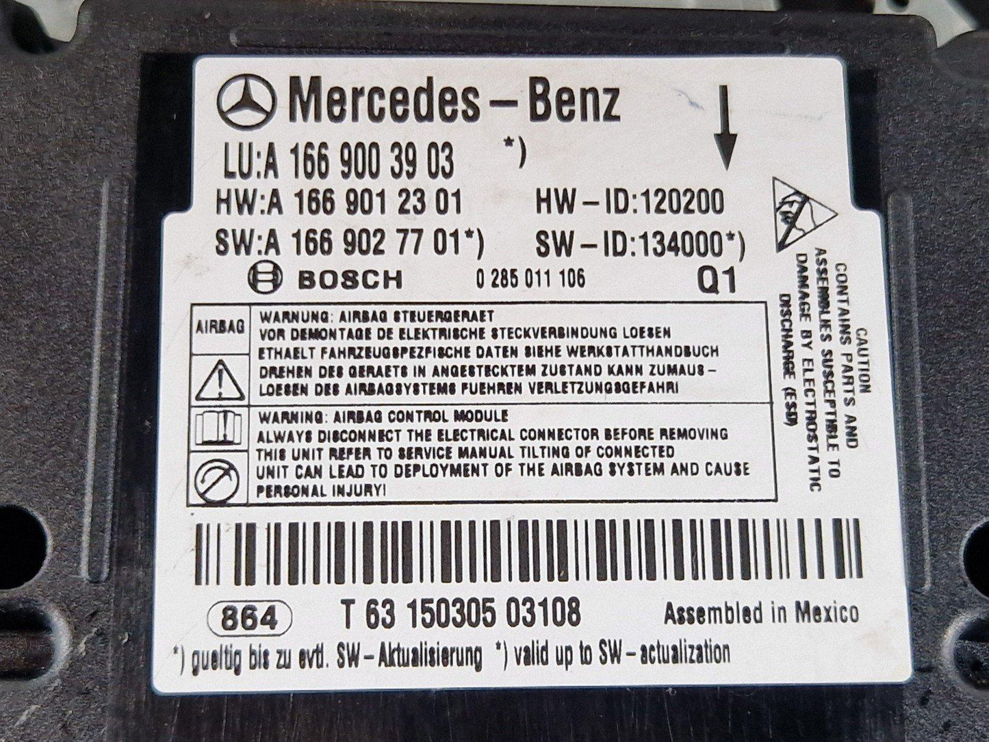 11-19 MERCEDES BENZ ML W166 SAFETY A BAG SRS CONTROL MODULE ECU A1669003903