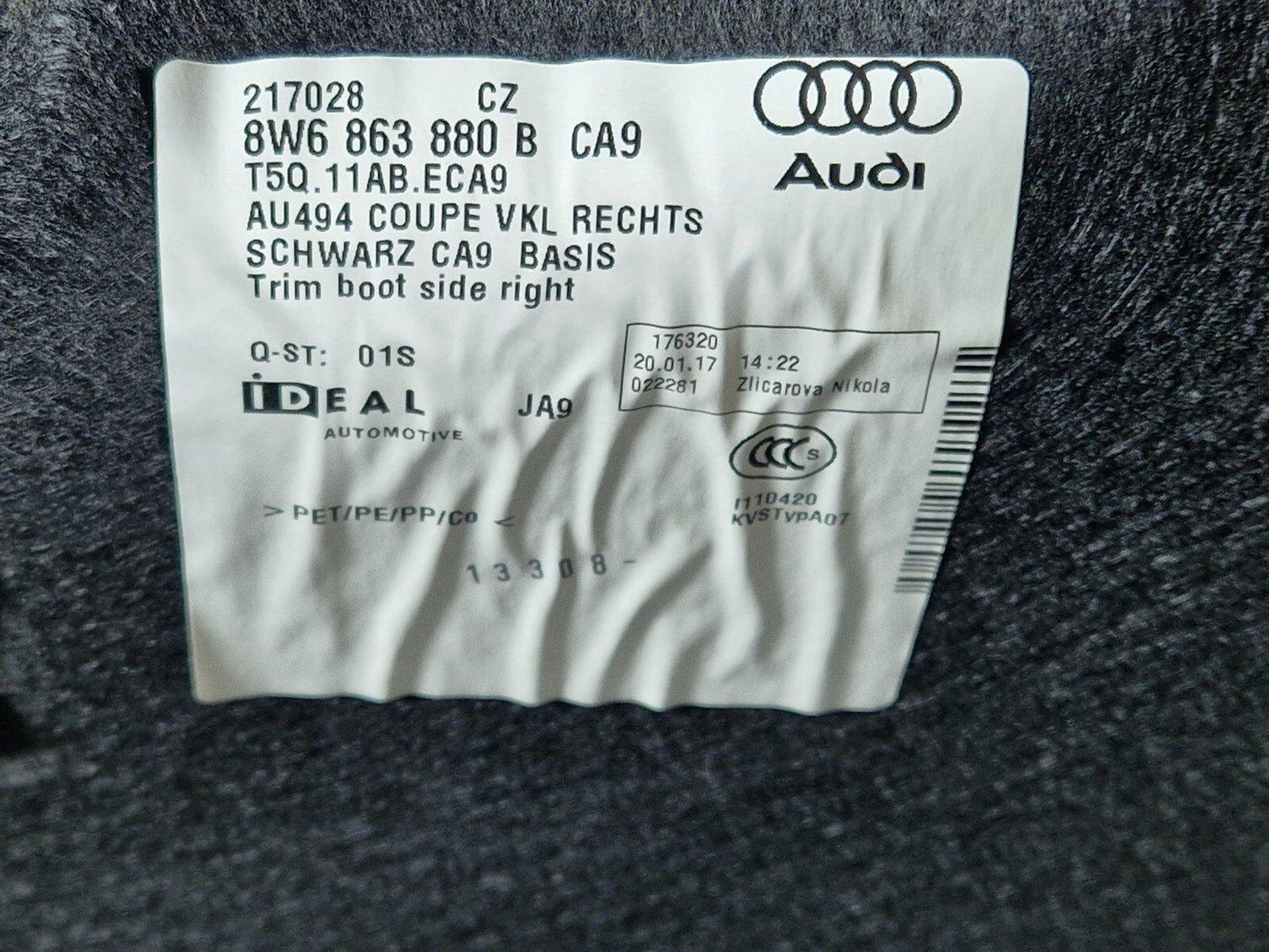 16-24 AUDI A5 F5 COUPE REAR RIGHT BOOT SIDE COMPARTMENT PANEL TRIM 8W6863880B