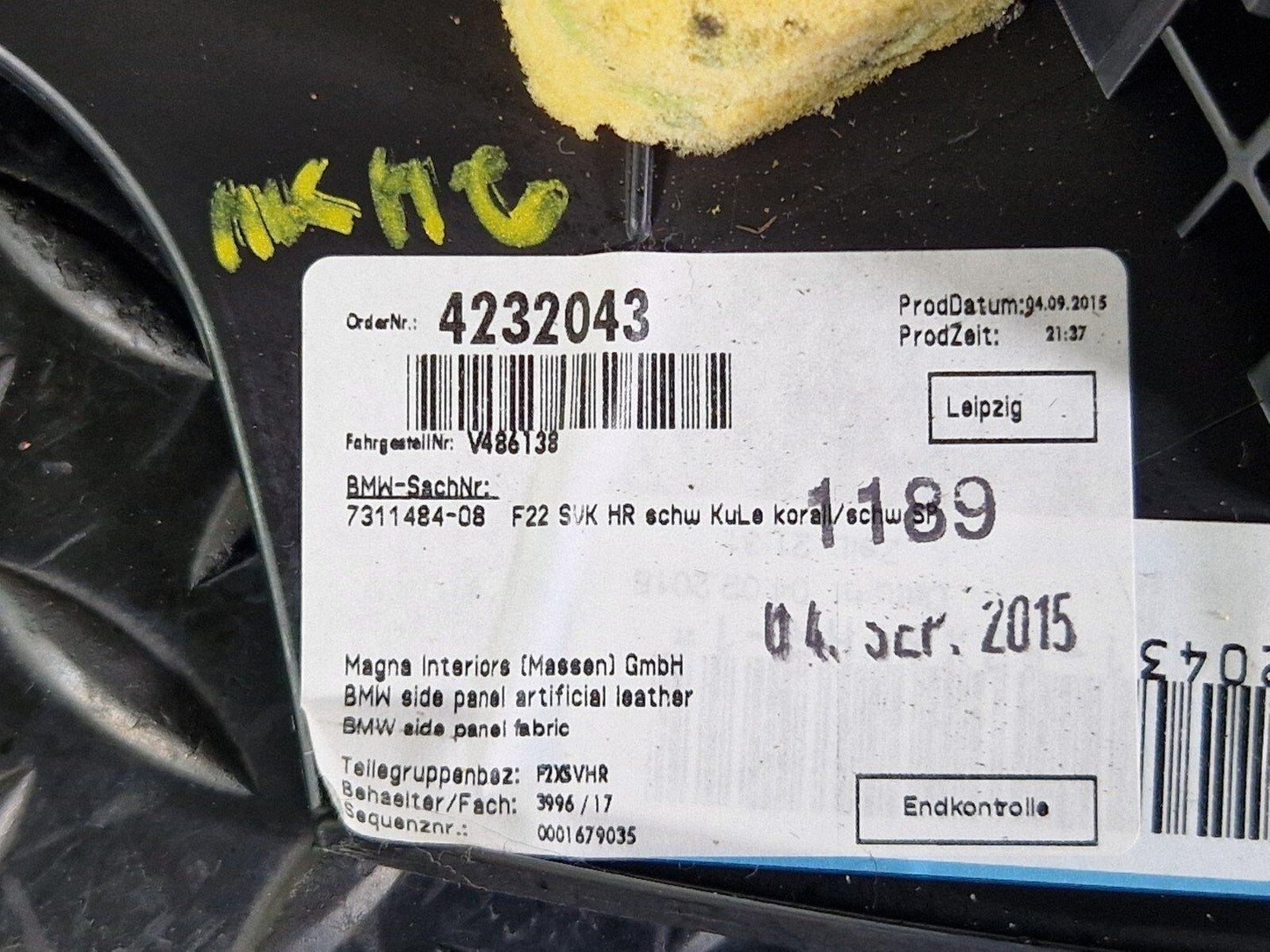 14-16 BMW 2 SERIES F22 OEM REAR RIGHT DRIVER HALF RED DOOR CARD PANEL 7311484