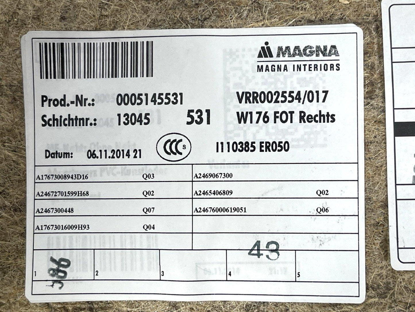 12-18 MERCEDES BENZ A CLASS W176 GENUINE DOOR CARD REAR PASSENGER LEFT SIDE
