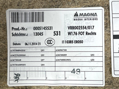 12-18 MERCEDES BENZ A CLASS W176 GENUINE DOOR CARD REAR PASSENGER LEFT SIDE