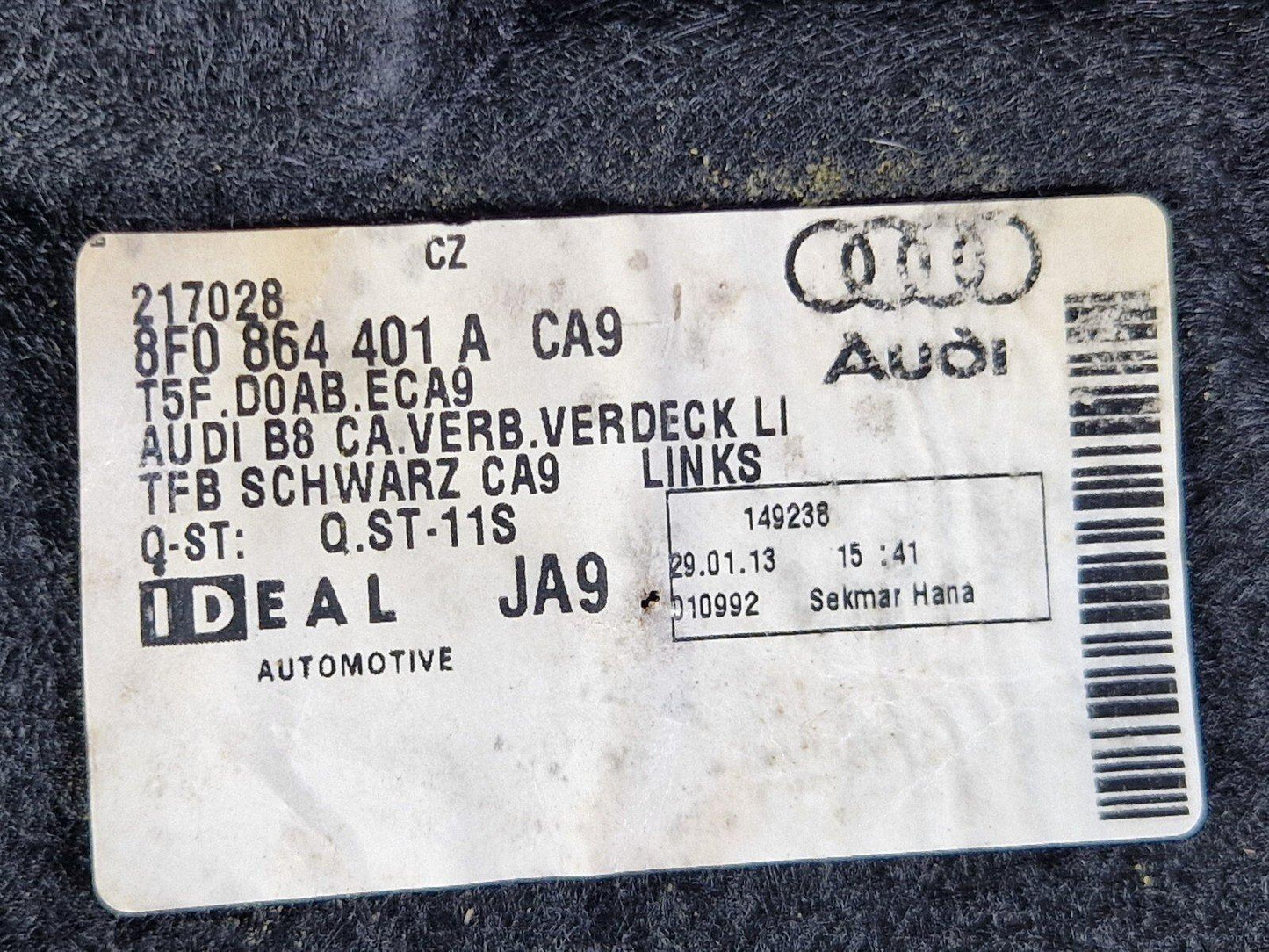 12-17 AUDI S5 CONVERTIBLE LEFT HOOD STORAGE COMPARTMENT CARPET TRIM 8F0864401A