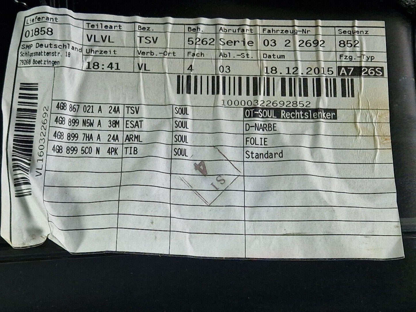 15-18 AUDI A7 4G GENUINE PASSENGER SIDE FRONT DOOR CARD 4G8837019A