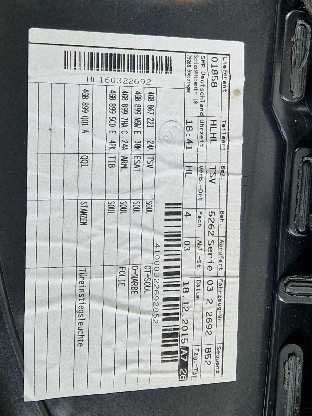 15-18 AUDI A7 4G RHD REAR LEFT PASSENGER NSR LEATHER DOOR CARD 4G8867305
