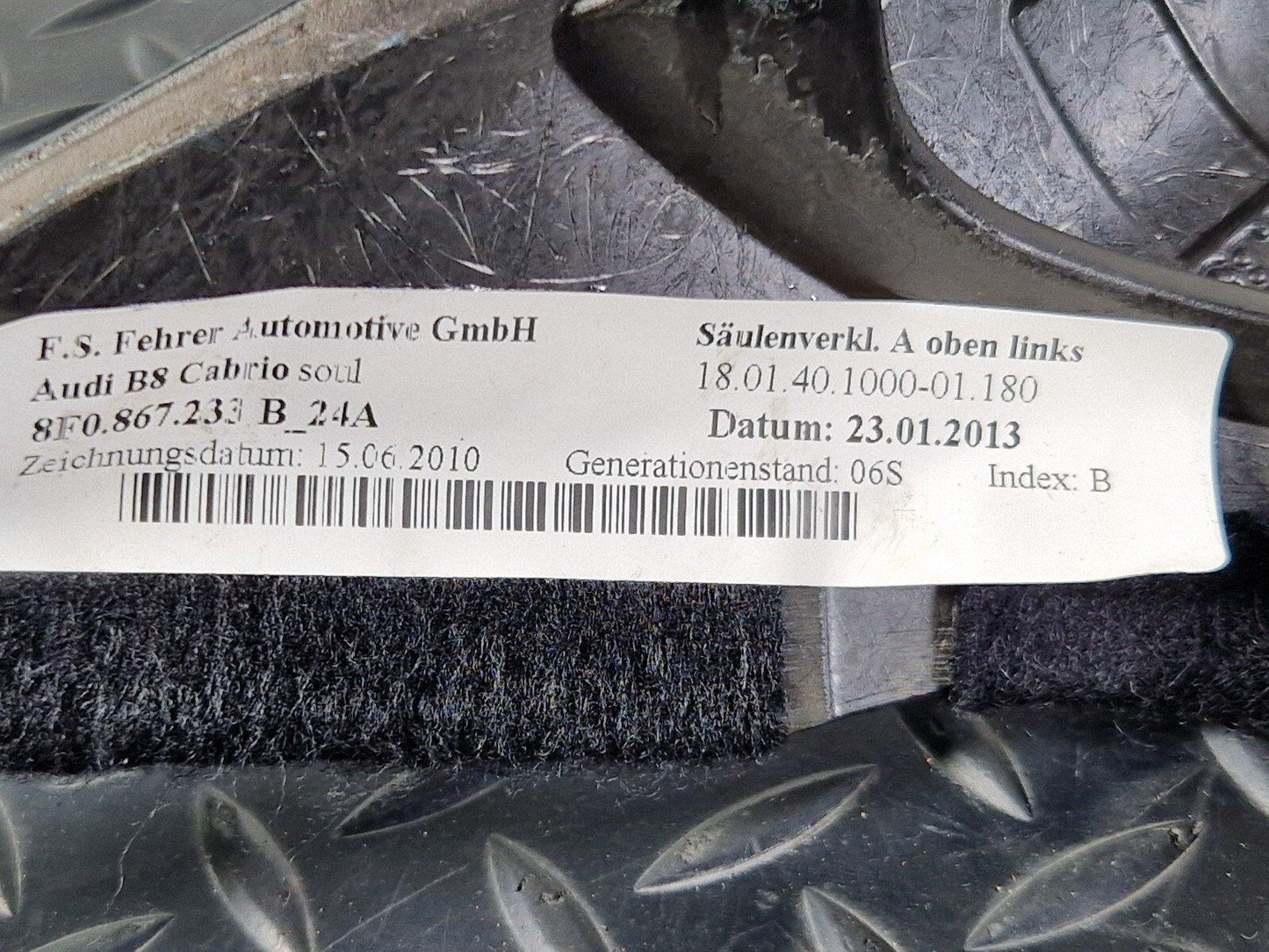 12-17 AUDI S5 CONVERTIBLE PASSENGERS LEFT SIDE A PILLAR TRIM BLACK 8F0867233B