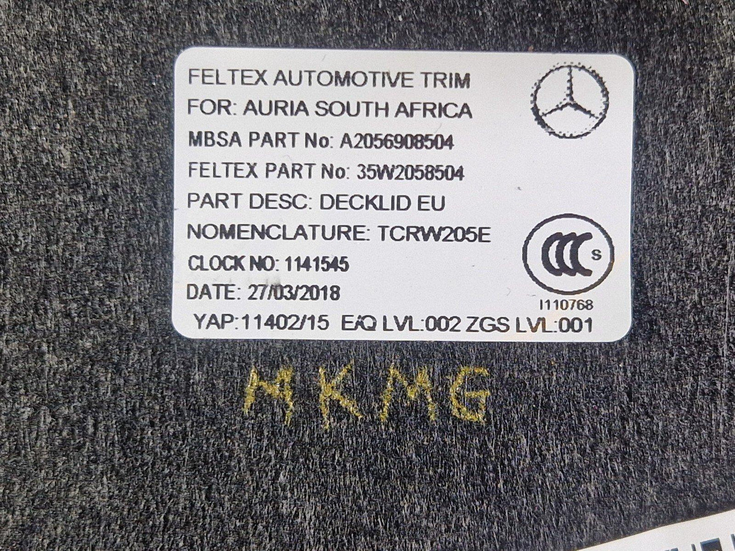 14-21 MERCEDES C200 W205  TAILGATE BOOTLID CARD COVER CARPET LINER A2056908504