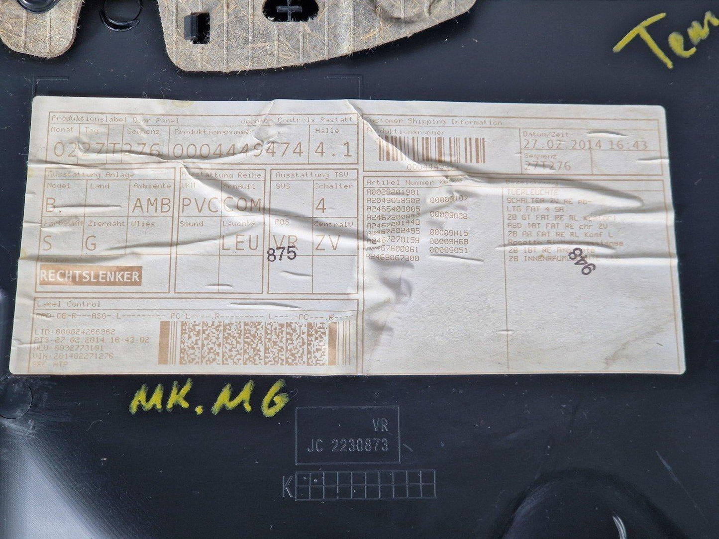 12-18 MERCEDES BENZ B-CLASS W246 GENUINE FRONT RIGHT DOOR CARD PANEL