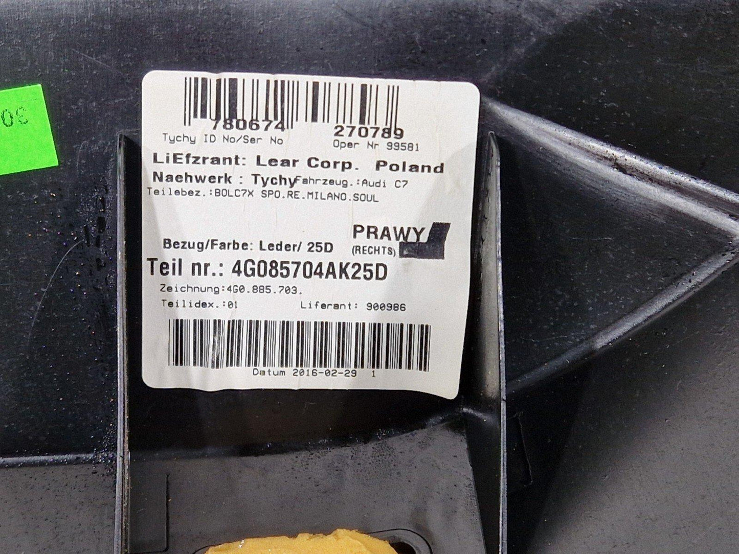 12-18 AUDI A6 C7 REAR SEAT BOLSTER DRIVER SIDE RIGHT 4G085704A