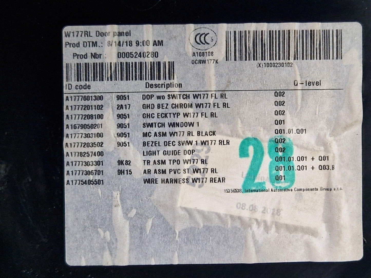 18-ON MERCEDES BENZ A CLASS W177 REAR LEFT N/S DOOR CARD TRIM PANEL A1777303500