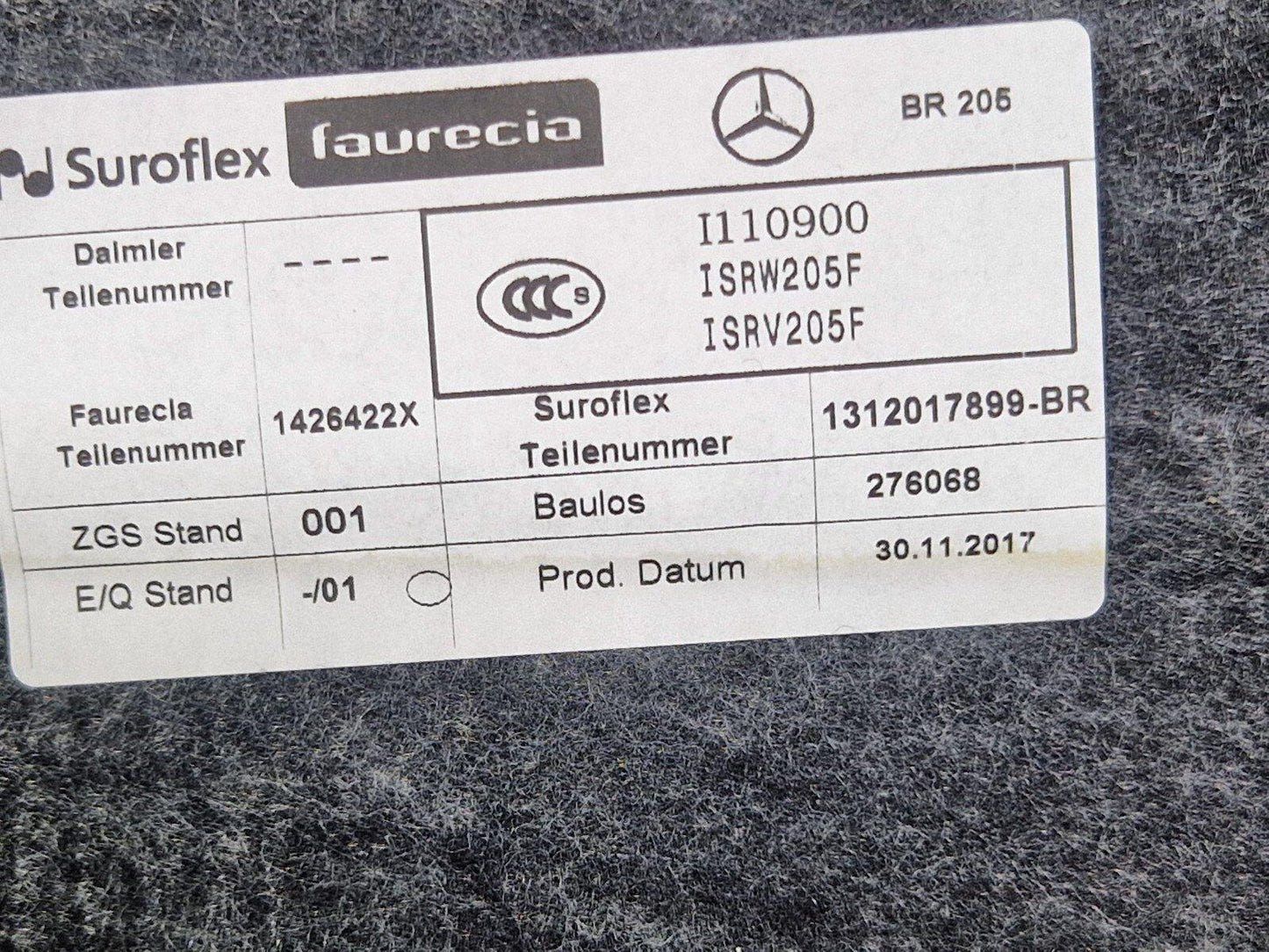 14-21 MERCEDES BENZ C200 W205 BOOT PARCEL SHELF LOAD COVER A2056900704