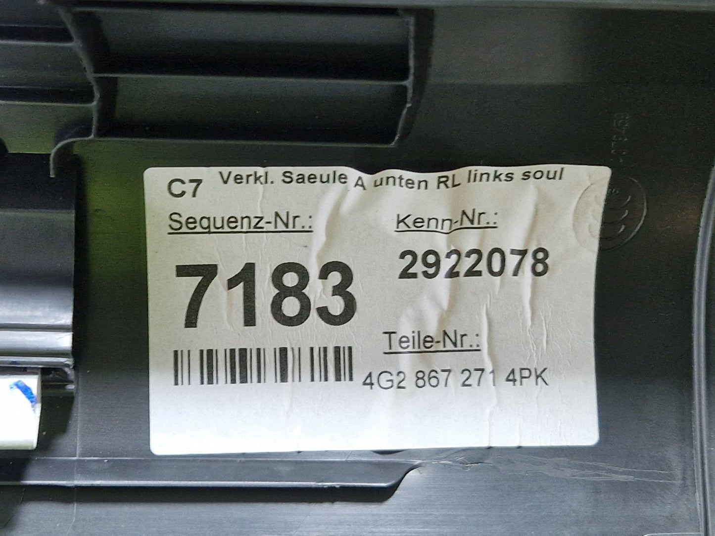Audi A6 Allroad C7 Genuine Front Left N/S Interior A-Pillar Trim 4G2867271