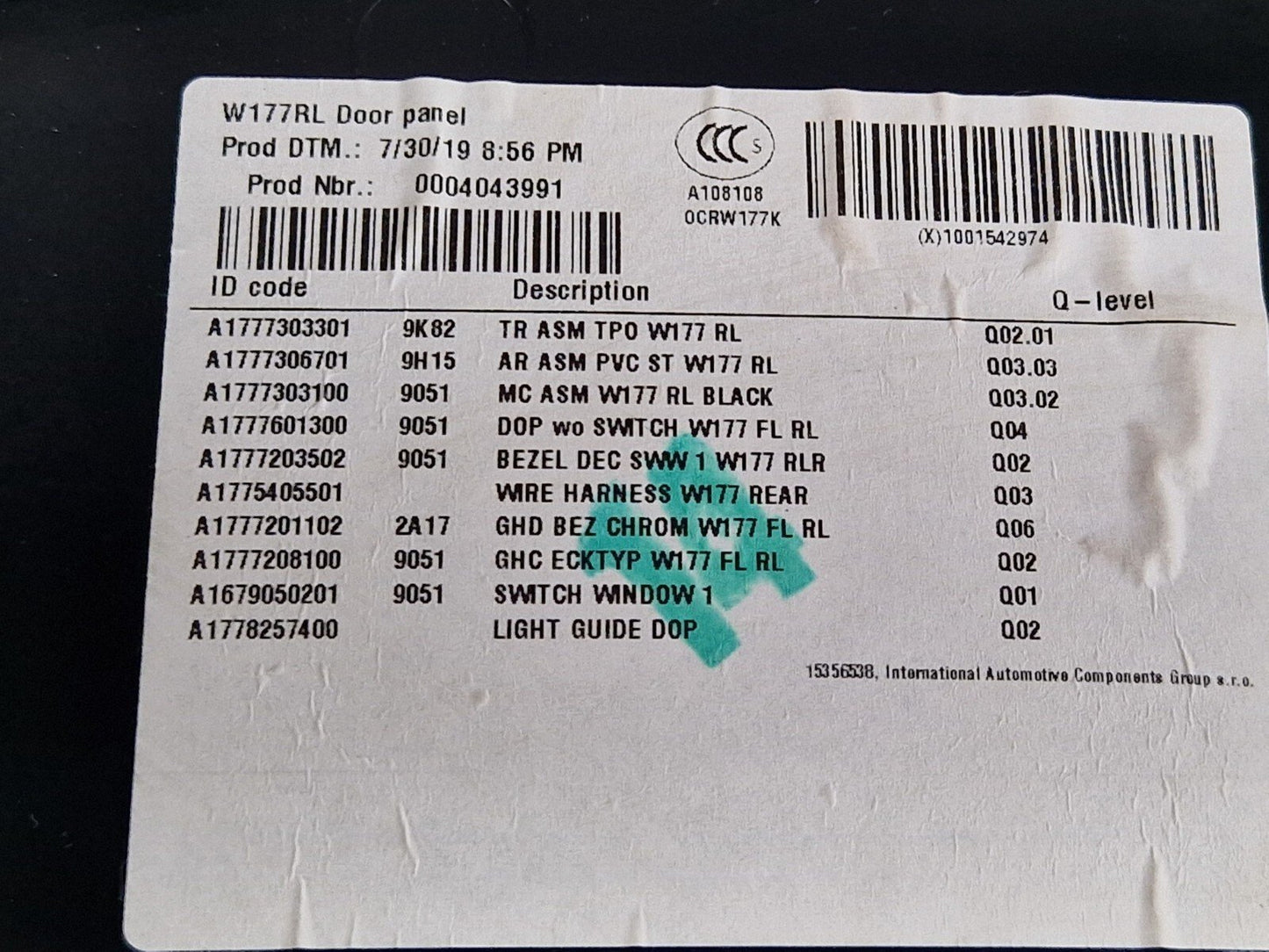 18-ON MERCEDES BENZ A CLASS W177 REAR LEFT DOOR CARD TRIM PANEL A1777303100