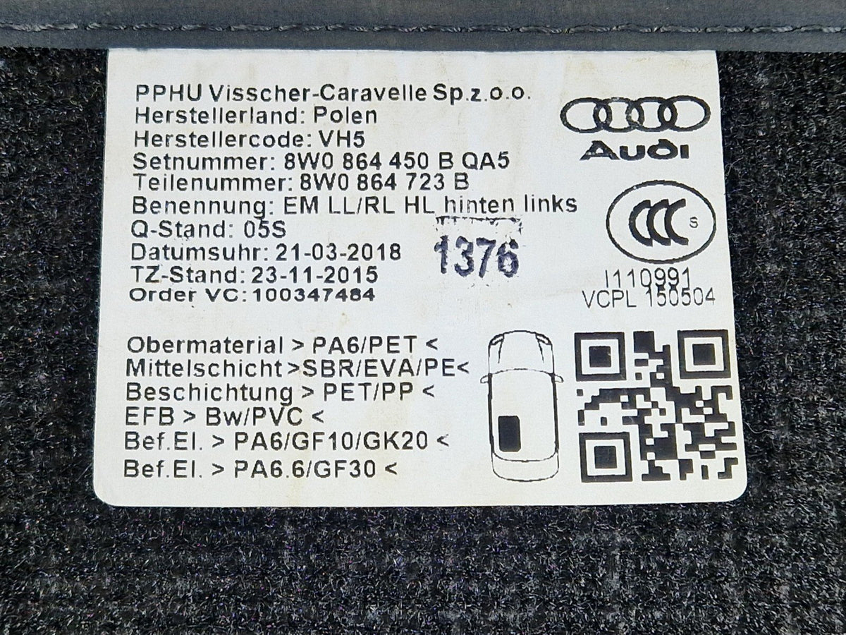 Audi A4 B9 RS4 A5 RS5 Rear Floor Mats X2 8W0864450B