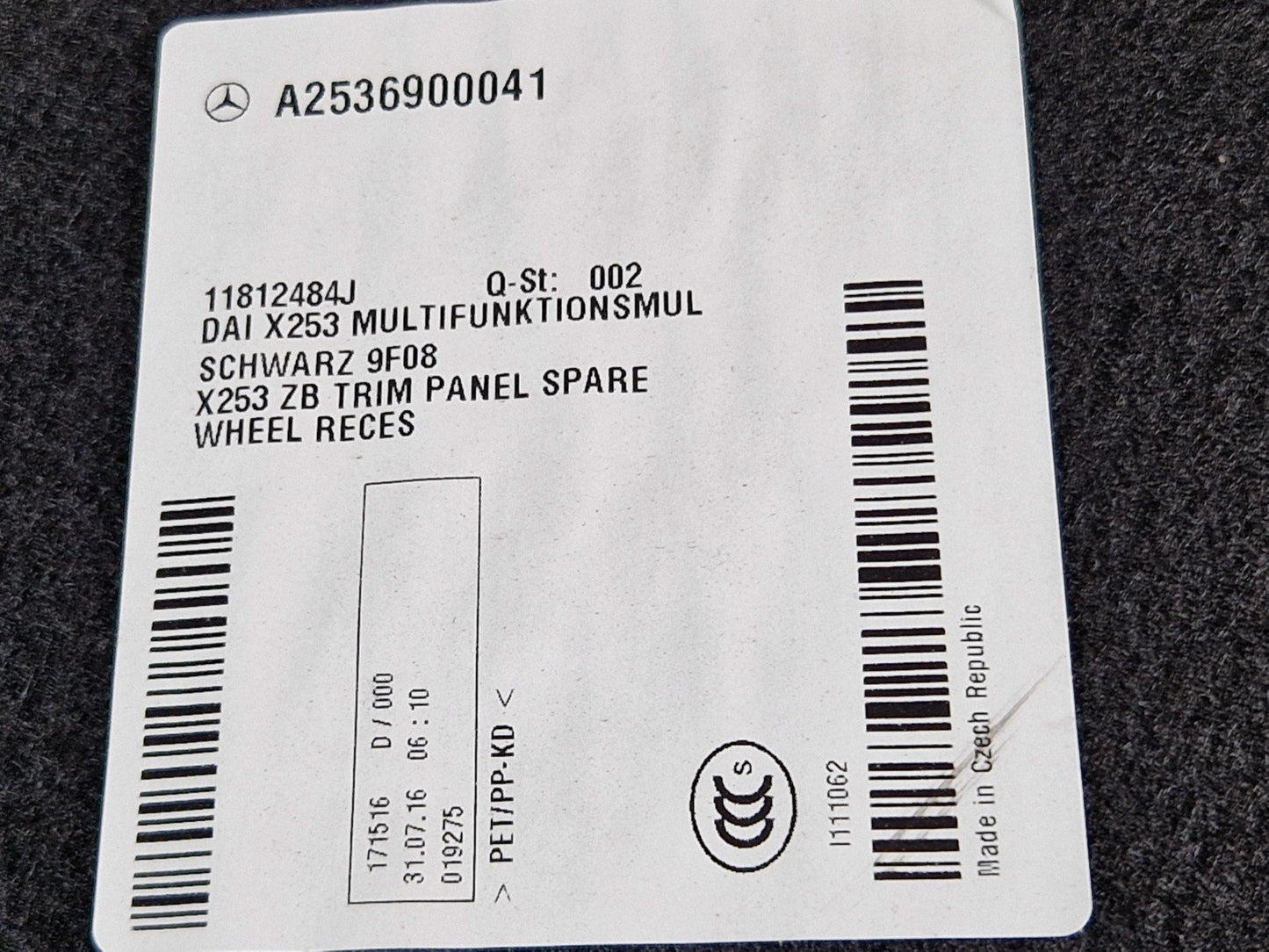 16-22 MERCEDES BENZ X253 GENUINE BOOT MAT FLOOR CARPET A2536900041