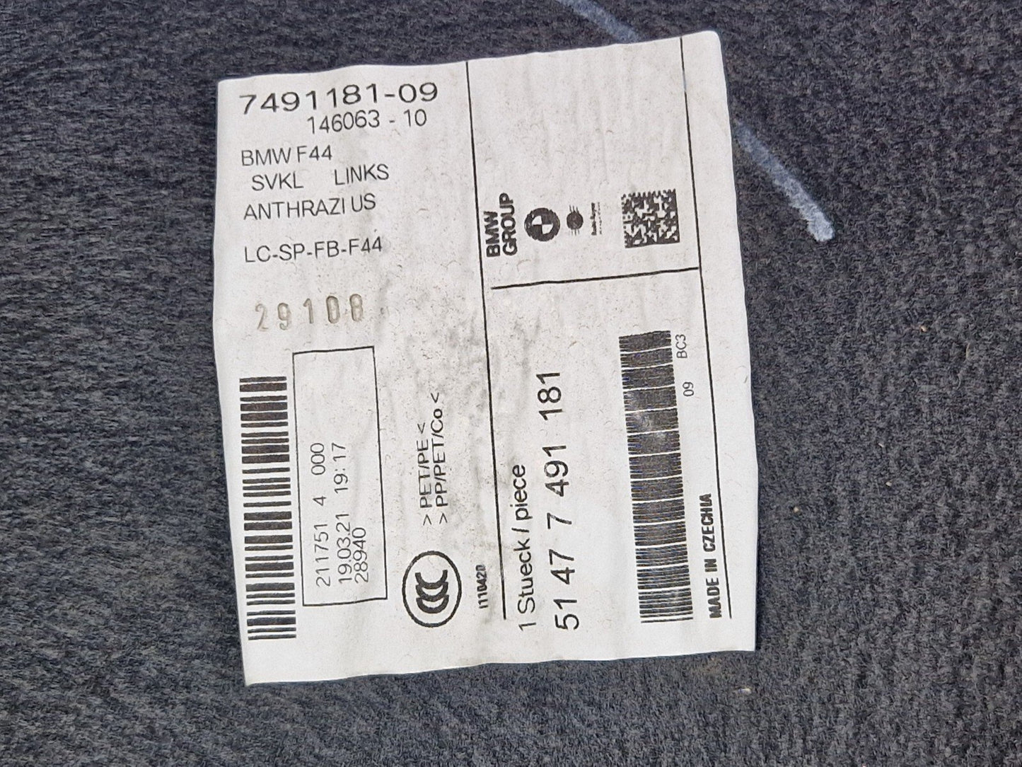 BMW 2 SERIES GRAN COUPE F44 Left Side Rear Interior Boot Panel Cover 7491181