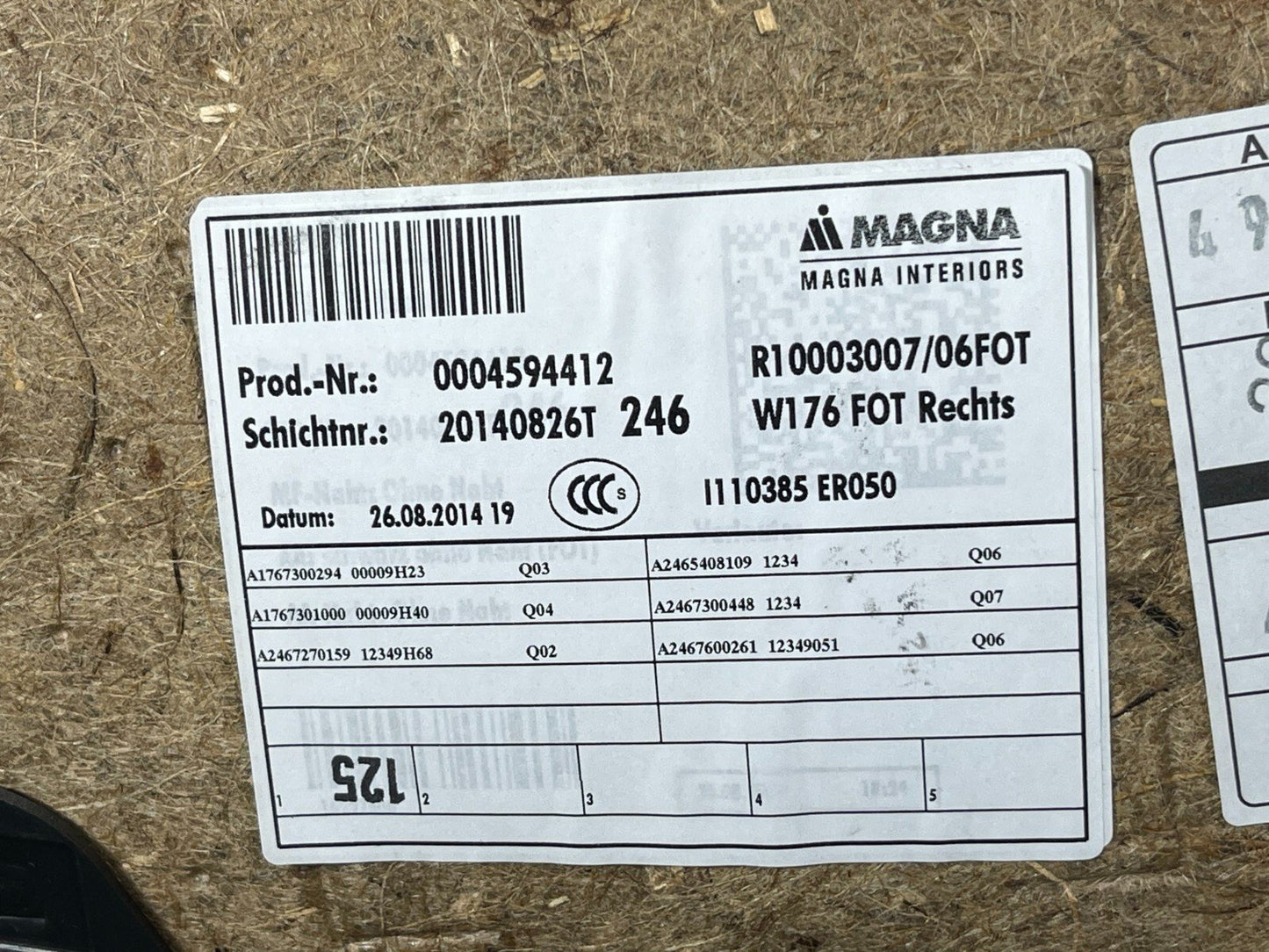 12-18 MERCEDES A-CLASS W176 REAR RIGHT SIDE DOOR PANEL CARD 3003517400