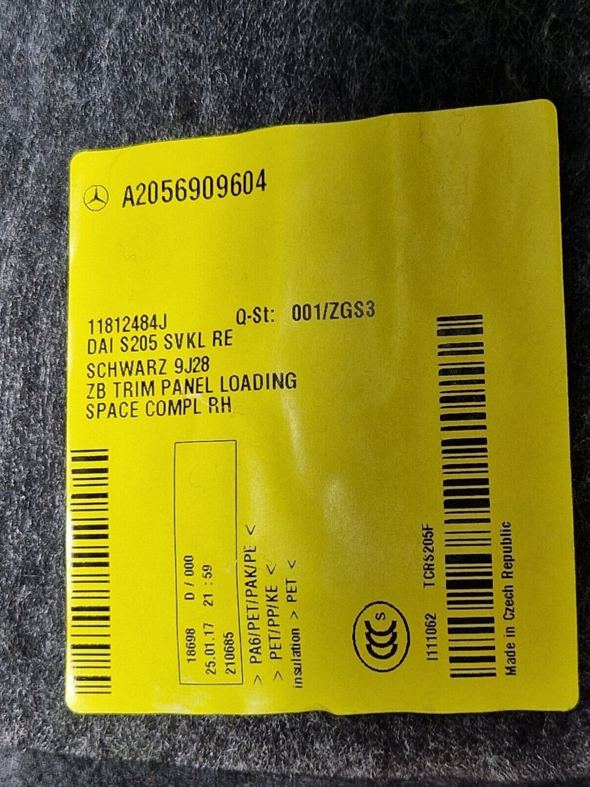 14-21 MERCEDES BENZ C220d W205 RIGHT TRUNK TRIM COVER PANEL A2056909604