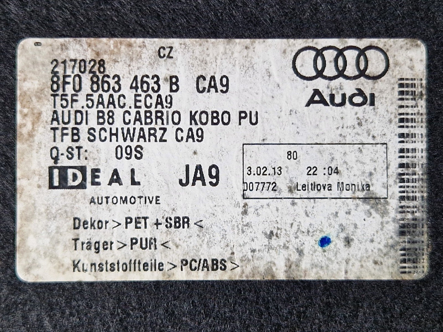 12-17 AUDI S5 CONVERTIBLE OEM REAR BOOT FLOOR CARPET LINER 8F0863463B