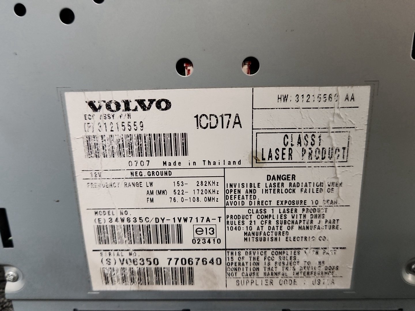 Volvo S40 MK2 (MS) Genuine Radio Stereo CD Player Head Unit 31215559