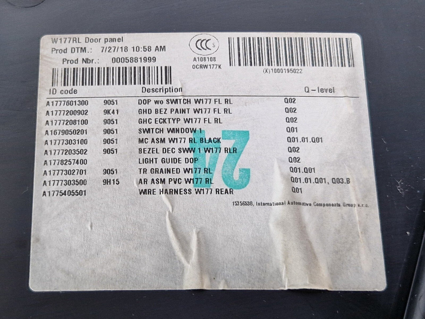 18-ON MERCEDES BENZ A CLASS W177 LEFT N/S DOOR CARD TRIM PANEL A1777303100