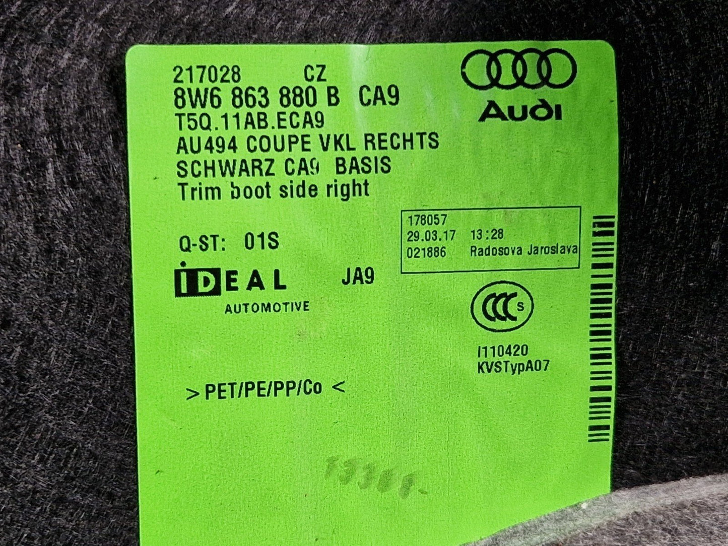 16-23 AUDI A5 F5 SPORTBACK REAR RIGHT BOOT SIDE COMPARTMENT TRIM 8W6863880B