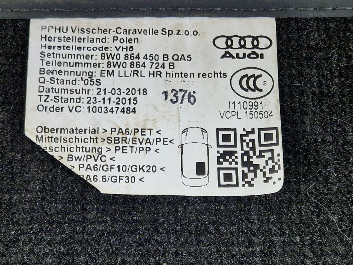 Audi A4 B9 RS4 A5 RS5 Rear Floor Mats X2 8W0864450B