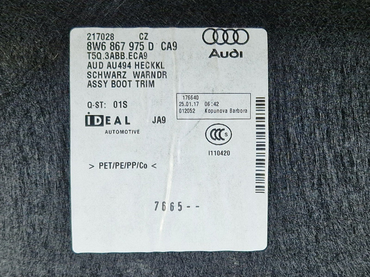 16-24 AUDI A5 F5 COUPE REAR LID TAILGATE BOOT TRUNK TRIM PANEL COVER 8W6867975D