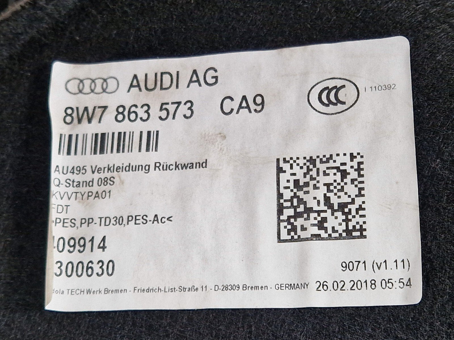 16-24 AUDI A5 F5 CONVERTIBLE REAR TRUNK BOOT COVER PANEL TRIM 8W7863573